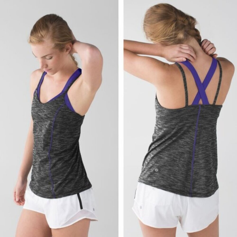 Lululemon Run For Gold Tank In Heathered Black / Iris Flower Size 8